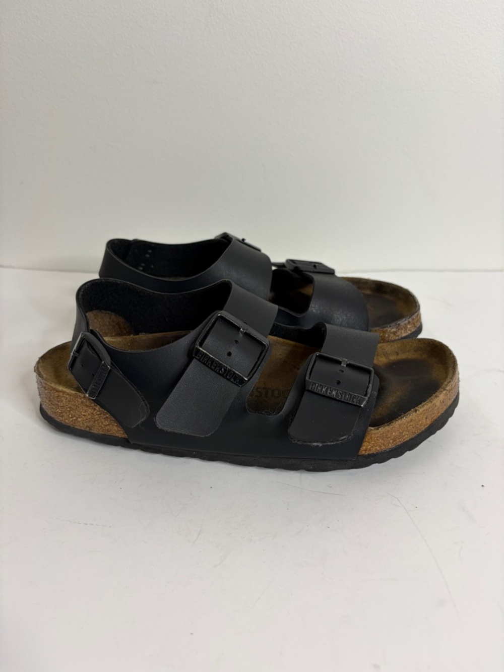 Birkenstock Milano Sandals Womens 39 8 Black Birko Flor Faux Leather Comfy